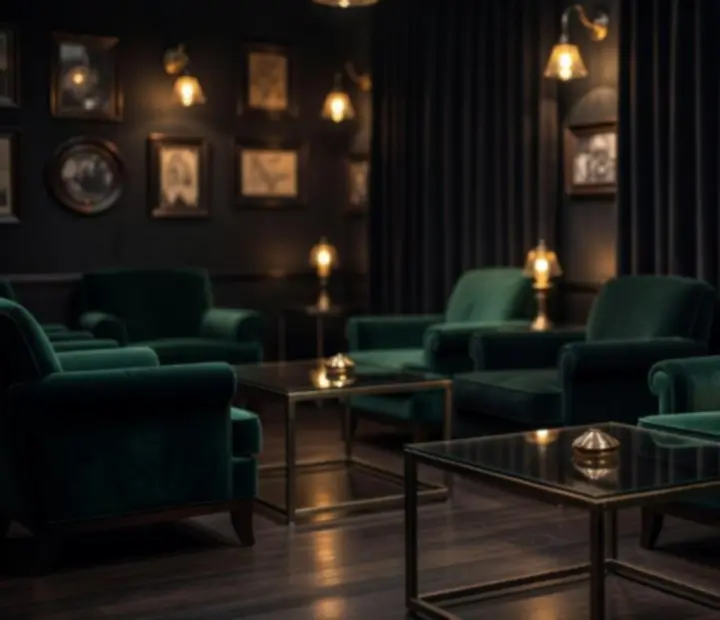 Ambiance club feutrée avec éclairages tamisés, tables en velours et accents dorés
