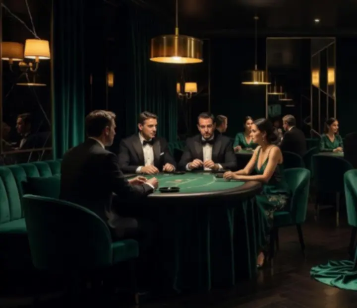 Salle lounge feutrée avec tables de poker et éclairages dorés, réservée à un public adulte raffiné