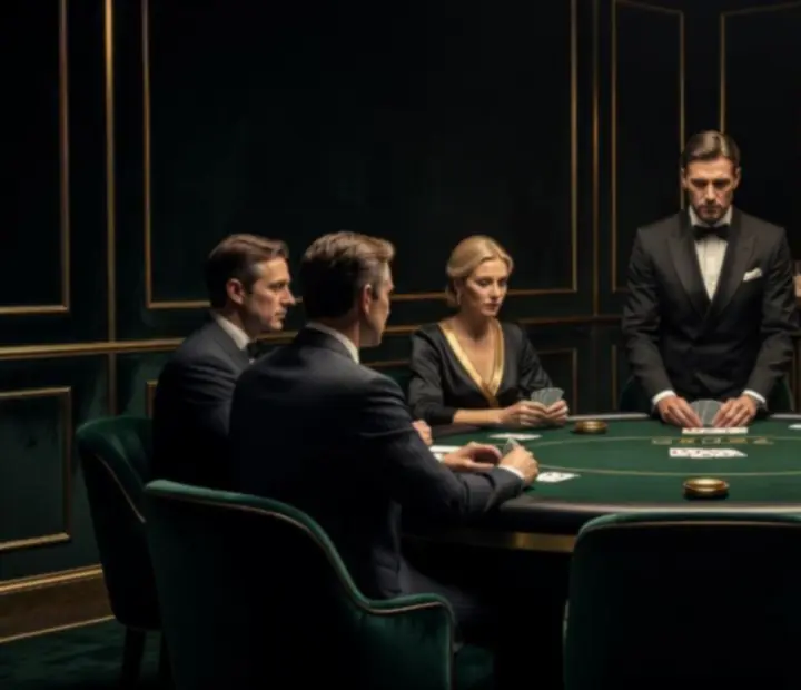 Ambiance speakeasy nocturne avec table de poker et lumières tamisées