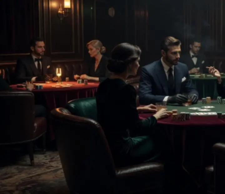 Ambiance de club nocturne pour une soirée poker en restaurant, éclairage tamisé et tables élégantes