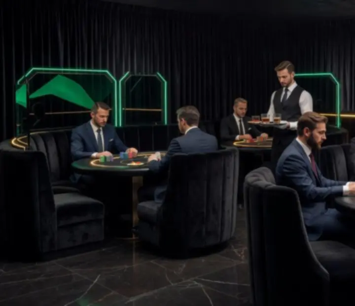 Ambiance club nocturne speakeasy avec tables de poker et lumière tamisée