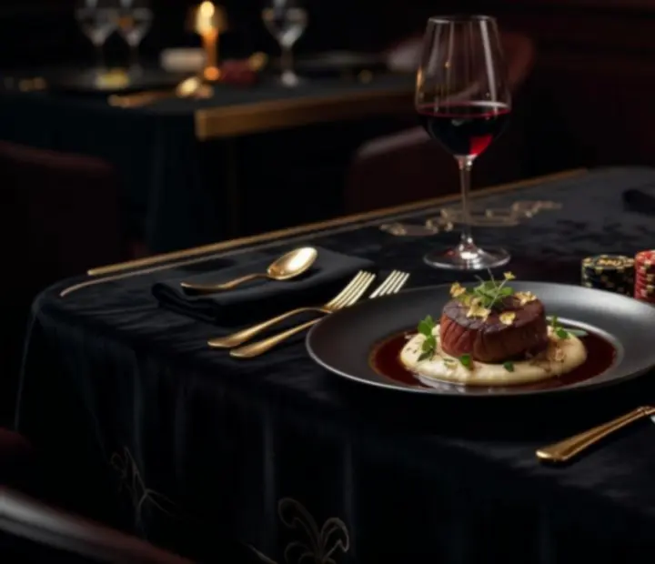 Table de restaurant gastronomique dressée pour une soirée poker