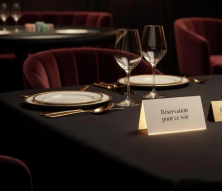 Table élégante prête pour une réservation de soirée poker en restaurant dans un cadre gastronomique