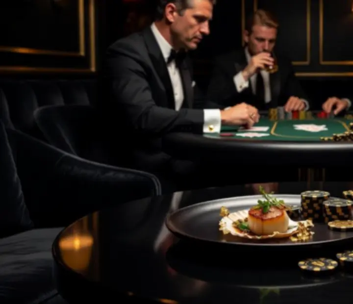 Table de poker en restaurant, jetons illuminés et assiettes gastronomiques sous lumière tamisée