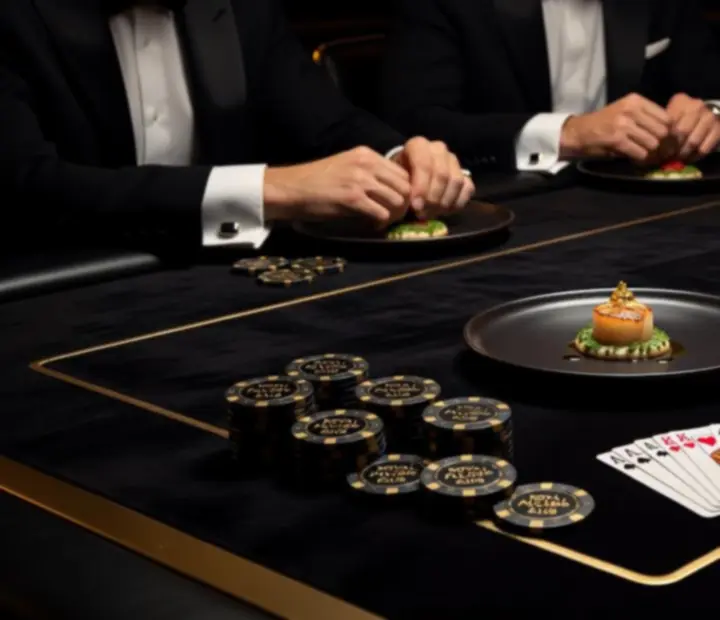 Table de poker feutrée avec dîner gastronomique et jetons illuminés