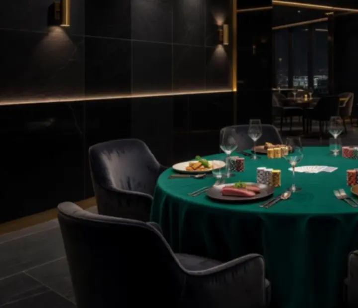 Table de poker raffinée dans un restaurant gastronomique aux lumières tamisées