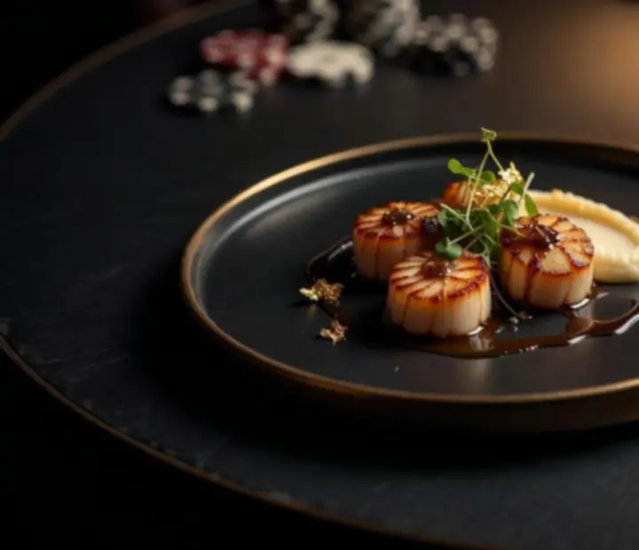 Dressage gastronomique d’un menu Lounge Gourmand dans une ambiance de club poker nocturne