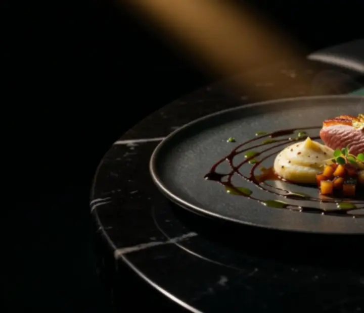 Assiette gastronomique dressée dans un éclairage tamisé
