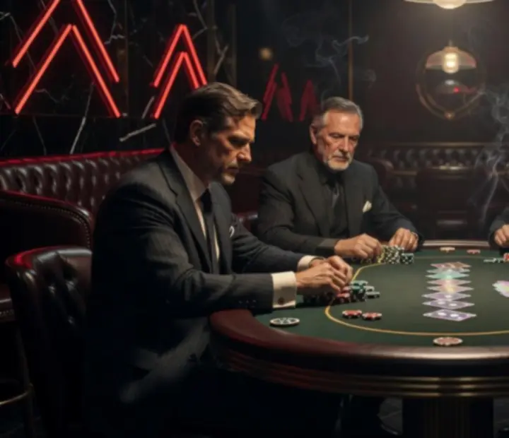 Scène nocturne immersive de poker avec jetons illuminés et convives concentrés autour de la table