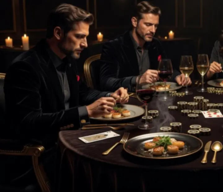 Table de poker dressée pour un dîner gastronomique dans une ambiance lounge nocturne
