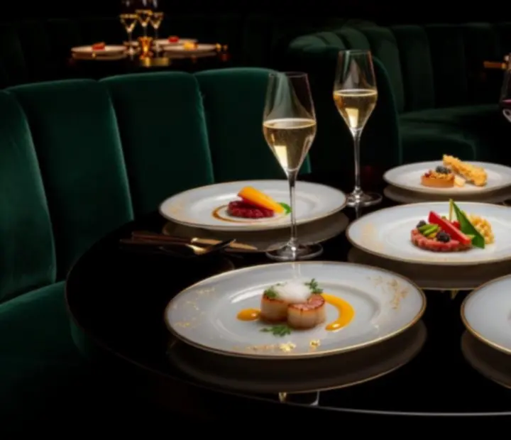 Menu dégustation prestige en plusieurs services dans un salon privé sombre et élégant