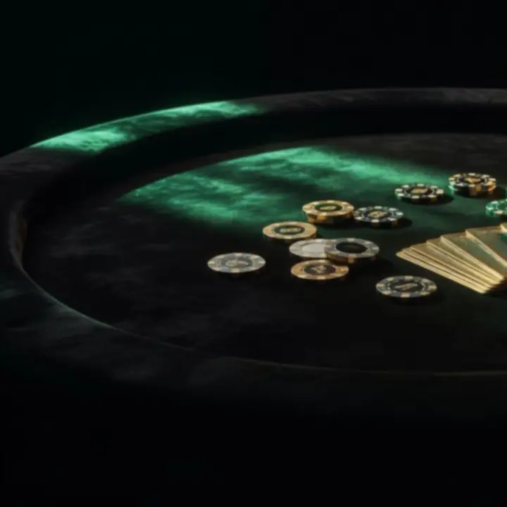 Table de poker en velours sombre éclairée par une lumière dorée