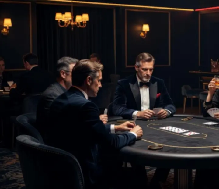 Club nocturne élégant avec tables de poker et ambiance gastronomique feutrée